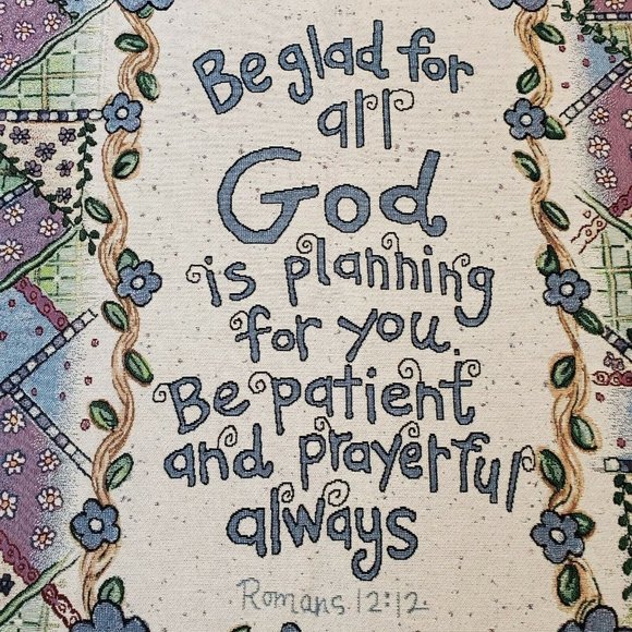 Vintage 90s Religious Christian Bible Scripture Floral Blanket Fringe Joy Marie - Picture 2 of 4